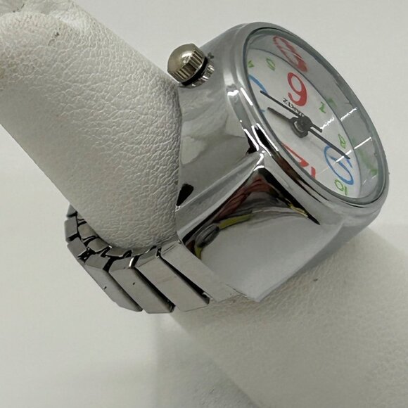Silver-Tone Stretch Band Ring Quartz Watch With White Face Adjustable Fit Works - Picture 5 of 10